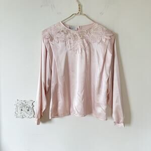 Vintage 80s Michelle Stuart Pink Floral Appliqué Lace Satin Blouse L
